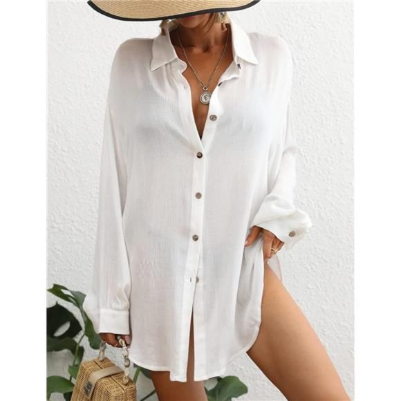 Swimsuit Coverup for Women Button Down Shirt Cover Up Beach Blouse Tops - Picture 4 of 7